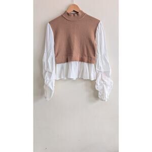 Fab’rik Ribbed Mock Neck Blouse Women’s Puff Sleeve Layered Peplum Top Sz M